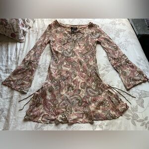Rampage Vintage Paisley Sheer Flare Sleeve Mini Dress XL Retro 90s 70s Boho Chic